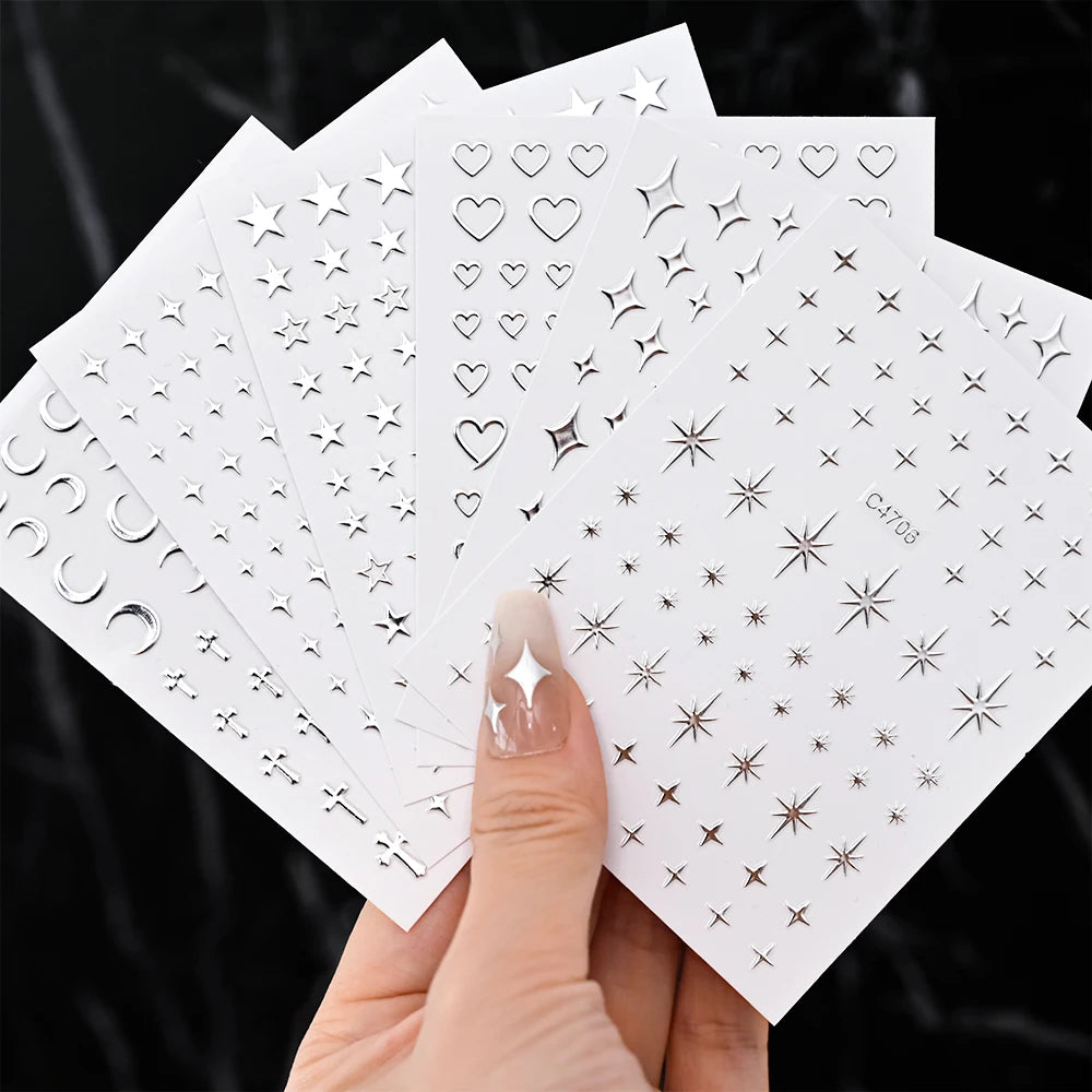 3D Silver Nail Art Stickers – Stars, Hearts & Chain Decals