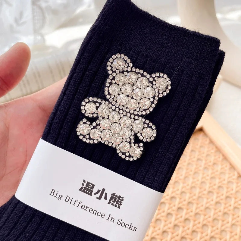 Diamond Cartoon Bear Decorative Socks, Fashionable Diamond Sparkling Women's Socks, Comfortable And Breathable Christmas Socks Peaceful Pleasures Health and Wellness black One Size