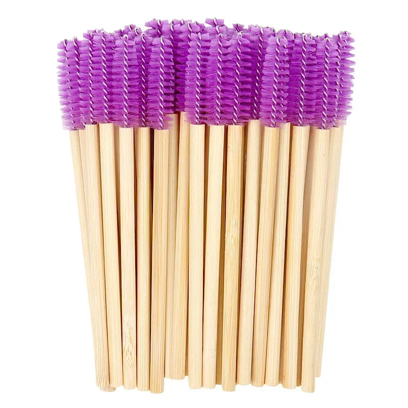 50pcs Disposable Silicone Eyelash Brushes, Eyebrow Extension Mascara Wands Applicator, Women Makeup Tools with Bamboo Handle Peaceful Pleasures Health and Wellness purple