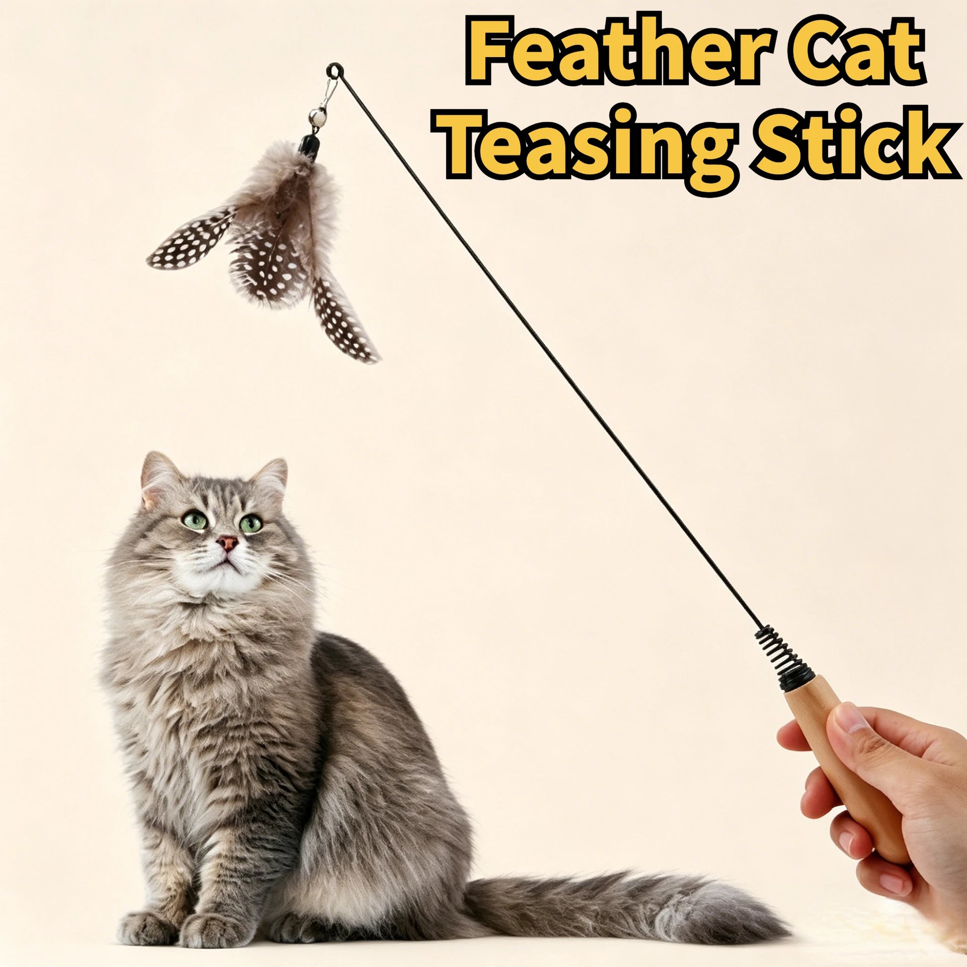 Spring Teasing Cat Stick Wooden Handle Cat Teaser Stick Toy Feather Funny Simulation Fishing Rod Bell Squeaky Cat Toy Peaceful Pleasures Health and Wellness