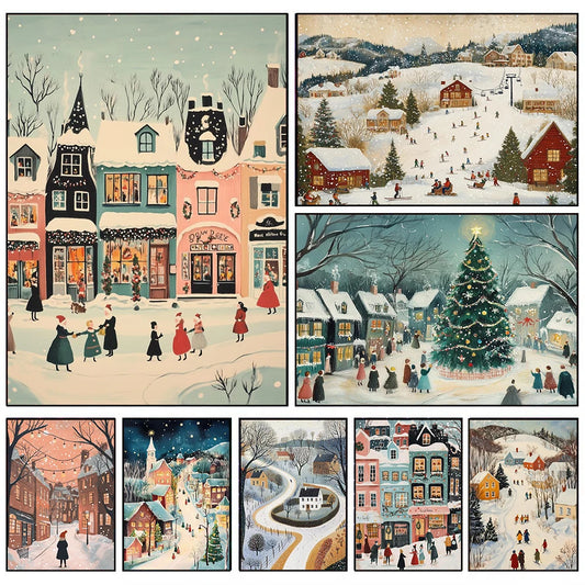 Snowy Christmas Village Canvas Wall Art | Unframed Holiday Print Canvas Wall Art Peaceful Pleasures Health and Wellness