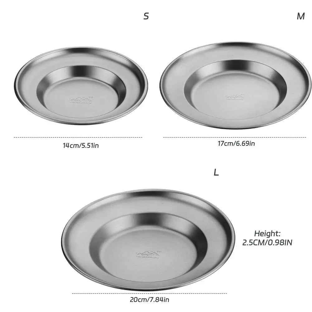 Outdoor Camping Steak Pizza Fruit Cake Snack Deep Disc Anti-overflow Plate Titanium Purified Stainless Steel Dinner Plate Set Peaceful Pleasures Health and Wellness