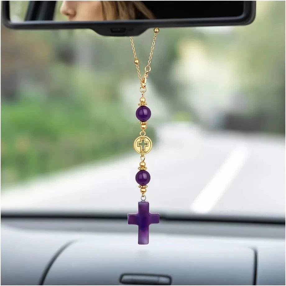 Rose Quartz Crystal Cross Rearview Mirror Charm | Car Decor