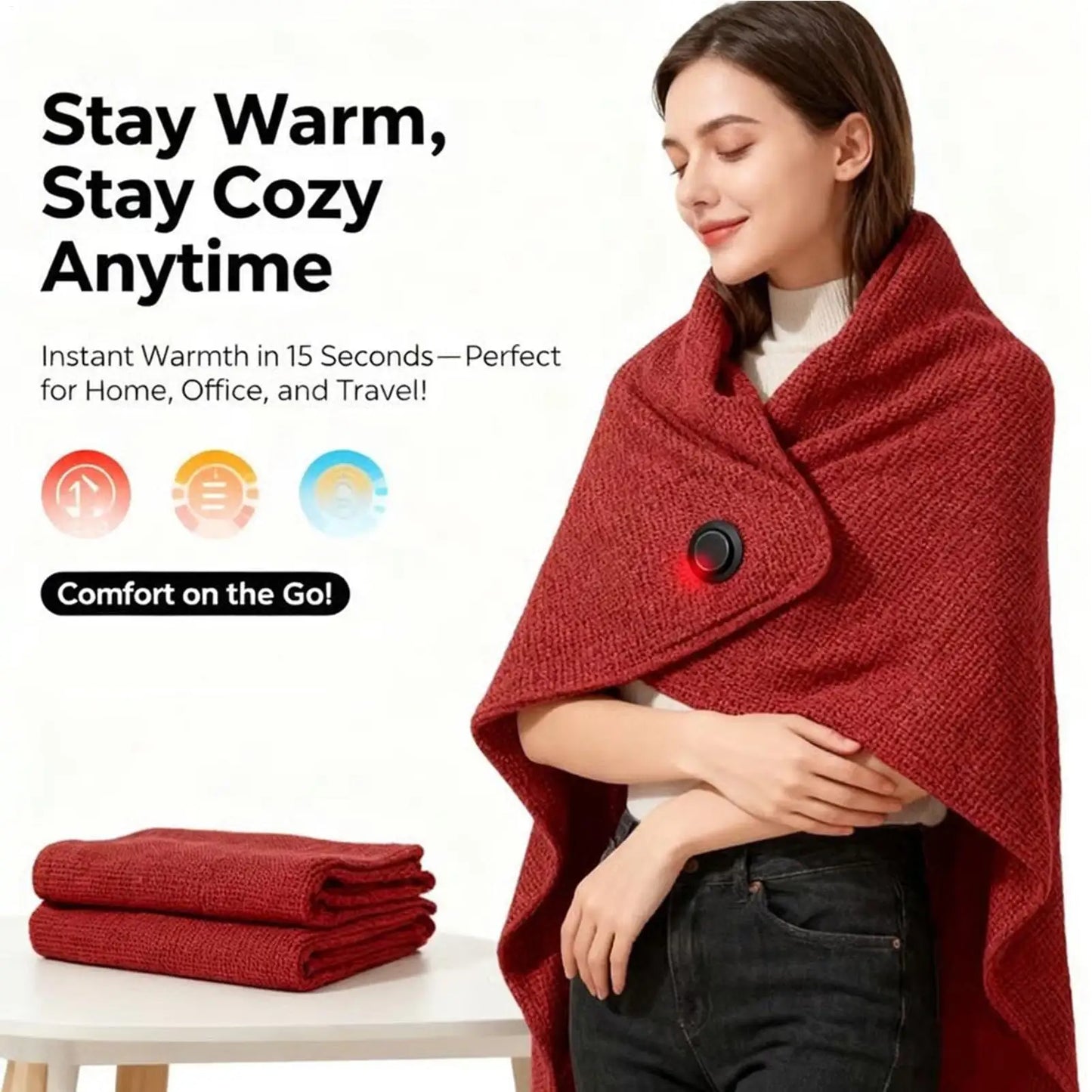 USB Heated Wearable Blanket – Foldable Electric Shawl for Travel