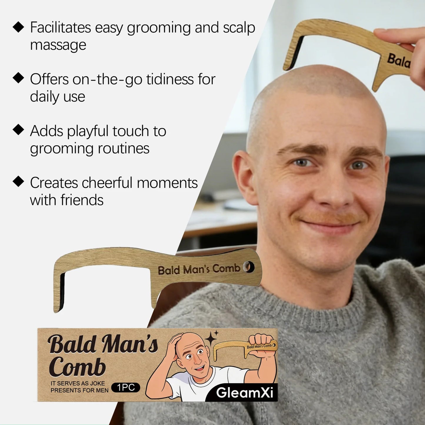 Bald Head Fun Comb – Funny Wooden Scalp Massager Gift for Men