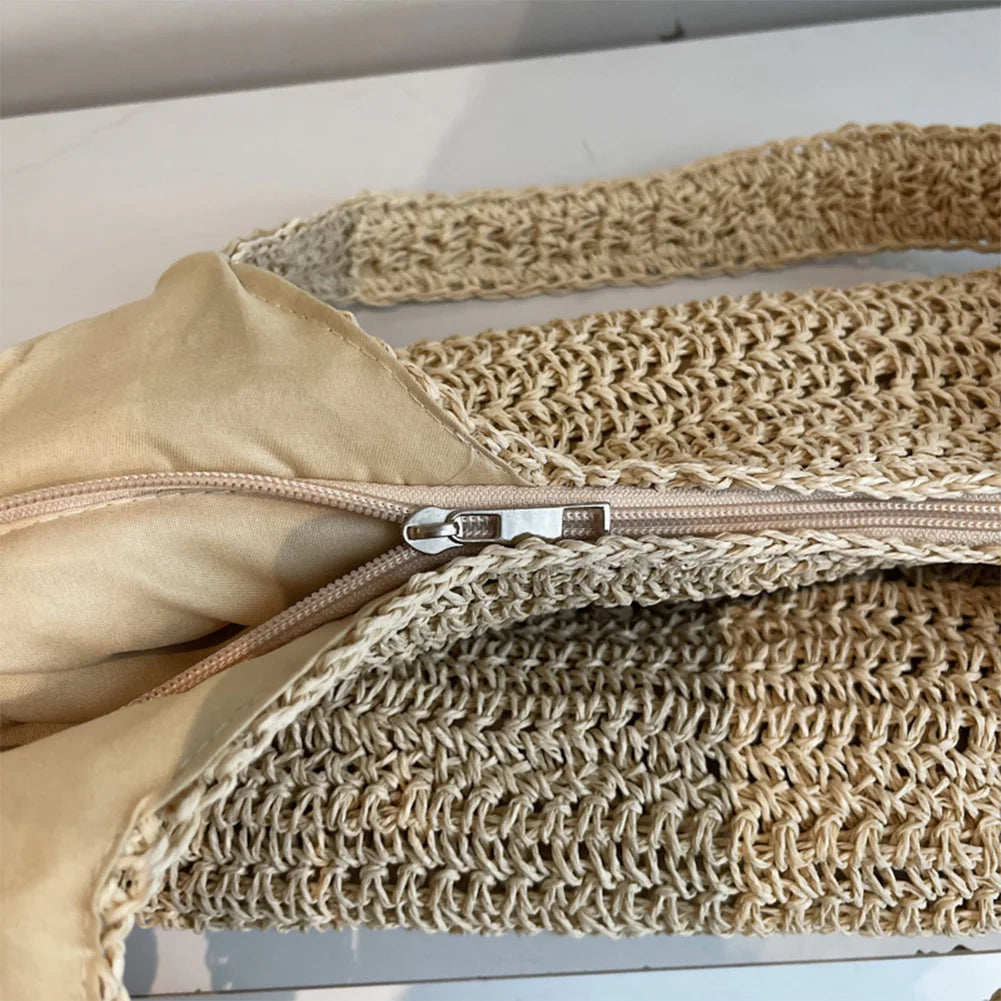 Large Woven Straw Beach Bag – Zipper Shoulder Tote for Women Peaceful Pleasures Health and Wellness