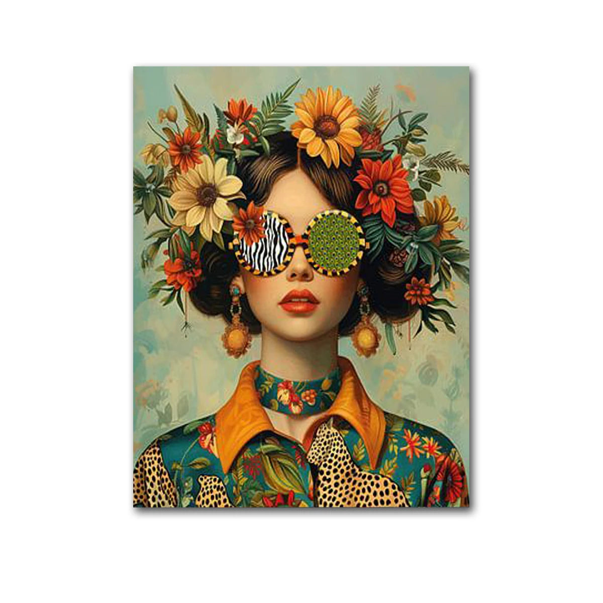 Nordic Boho Fashion Glasses Woman With Flowers Wall Art Canvas Painting Butterfly With Girl Portrait Poster Prints Mural Picture Peaceful Pleasures Health and Wellness QP10896-E 20x30cm No Frame
