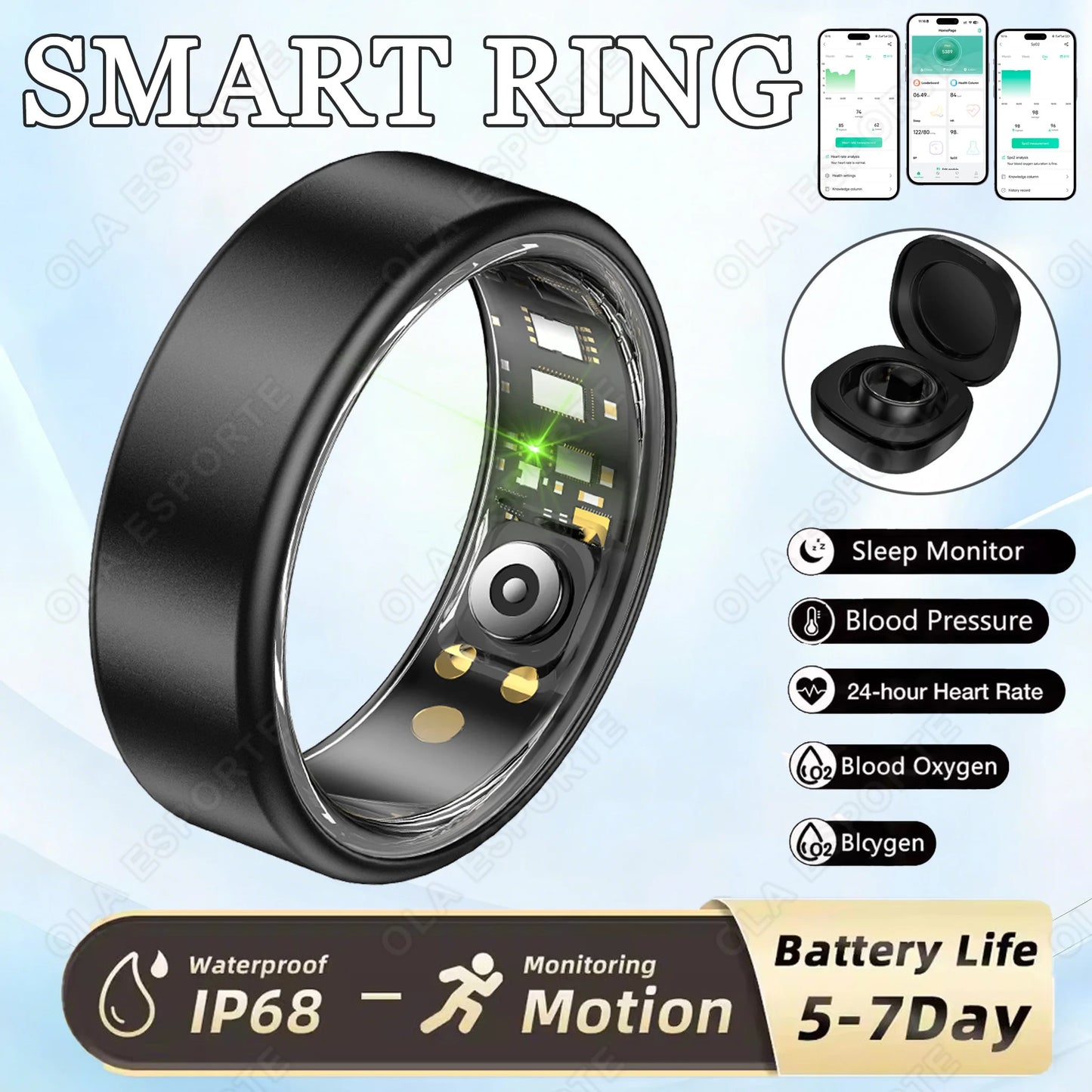New R09 Smart Ring Men Women with Charging Case,Heart Rate Blood Oxygen,Skin Temperature Monitor,5ATM Waterproof For Android iOS Peaceful Pleasures Health and Wellness Black Pro 6