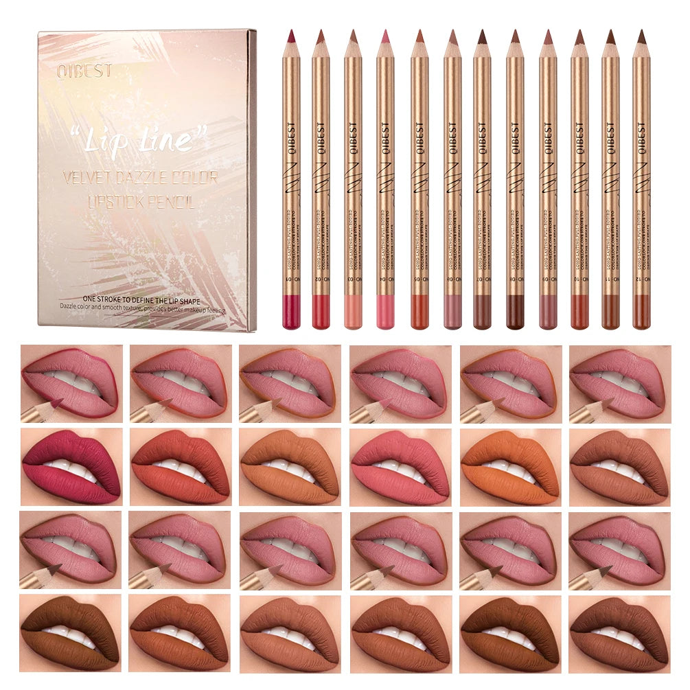 QIBEST 12 Colors Lipliner Pencil Sets Long Lasting Waterproof Matte Lipstick Pens Lip Liner Cosmetics Professional Makeup Tool Peaceful Pleasures Health and Wellness Lipliner Sets