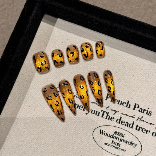 Handmade Press on Nails Leopard Print Cat Eye Fake Nail Tips for Women Girl Wearable Detachable Shiny Long Almond False Nails Peaceful Pleasures Health and Wellness