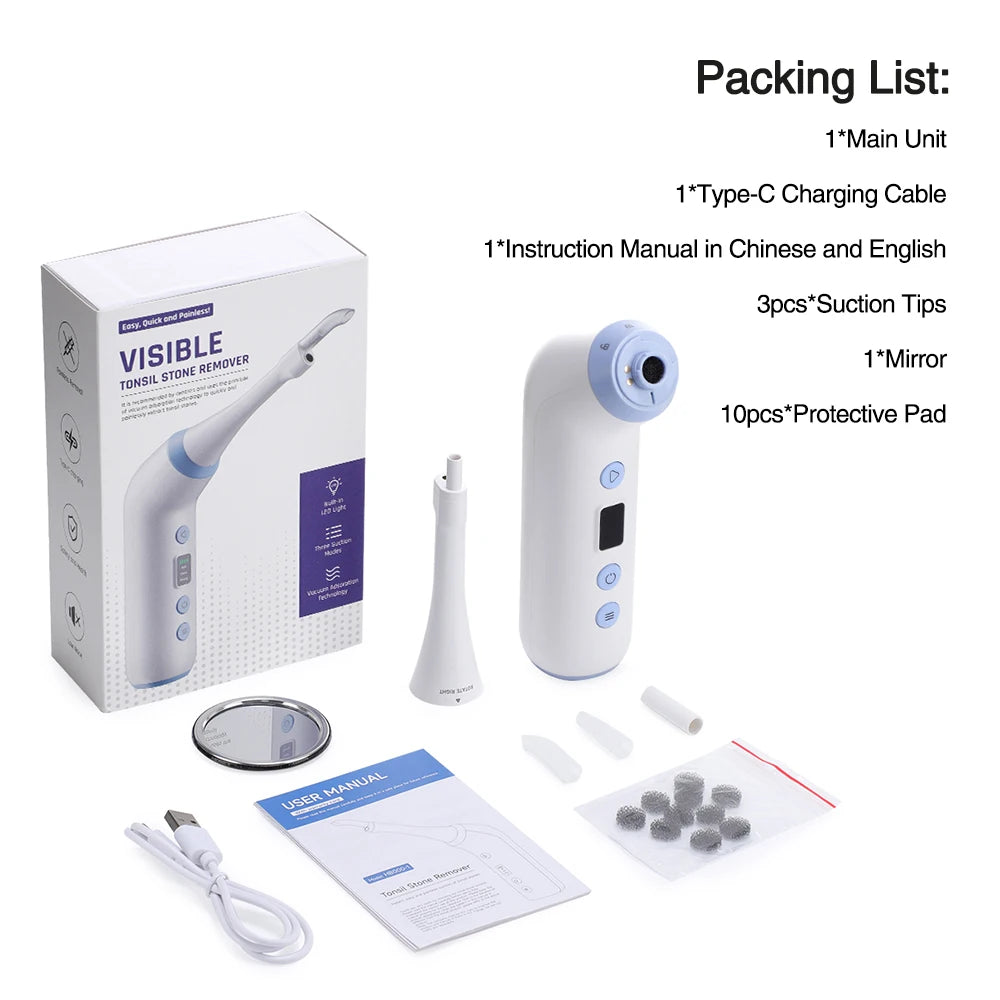 Vacuum Visual Electric Tonsil Stone Remover Oral Irrigator&Tongue Coating Scraper Built-In LED light 8 Suction Anti Bad Breath Peaceful Pleasures Health and Wellness WHITE