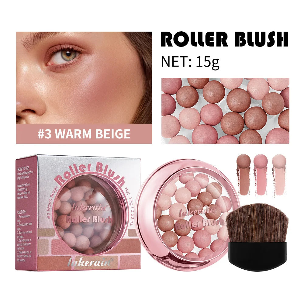 Spherical Roller Blush With Brush Natural Makeup Long Lasting Pearlescent Cosmetics For Women Face Contour Blusher Peaceful Pleasures Health and Wellness 3Warm Beige