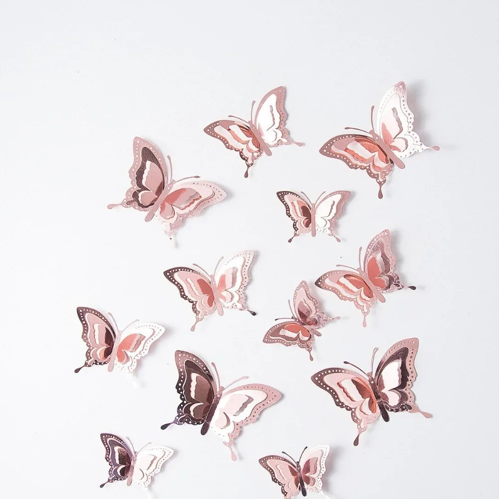 12pcs New 3D Butterfly Wall Stickers Self Adhesive Hollow Butterfly Butterfly Wallpaper DIY Decal Festival Decoration Peaceful Pleasures Health and Wellness C-Rose Gold