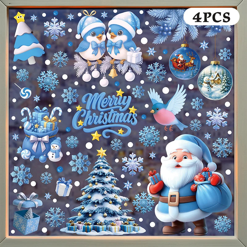 Blue Christmas Window Clings – Santa, Snowflakes & Reindeer Set