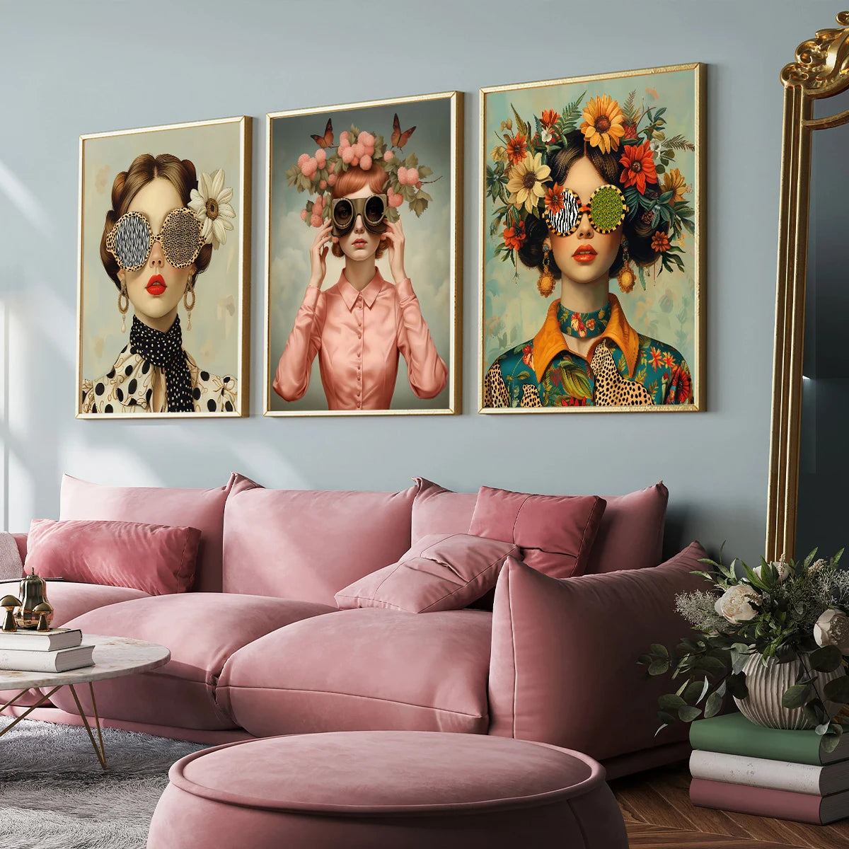 3pcs Nordic Boho Fashion Glasses Woman with Flowers Wall Art Canvas Painting Butterfly Girl Portrait Poster Prints Mural Picture Peaceful Pleasures Health and Wellness ZLH3129-ABE-3PCS 30x45cm Unframed