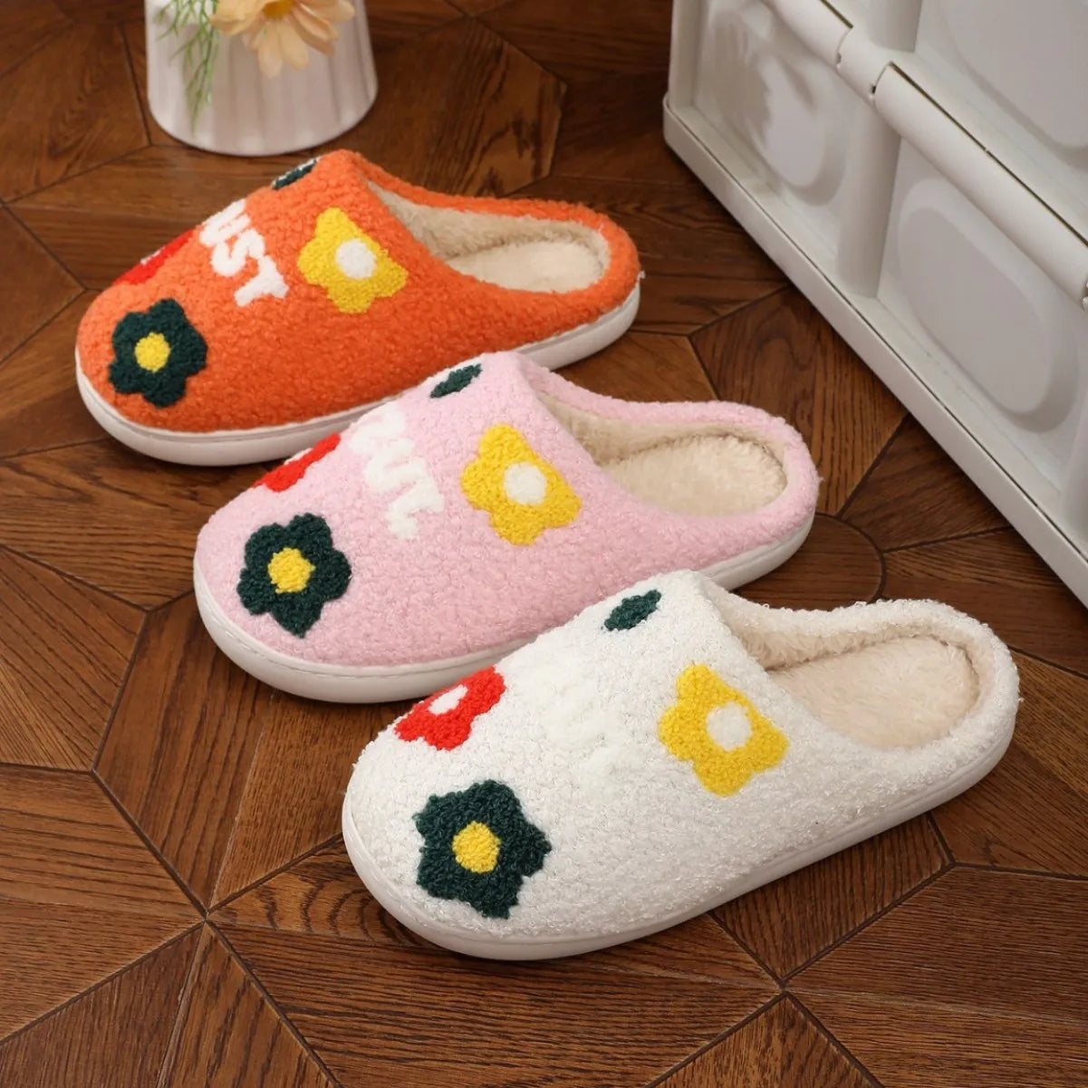 Women's Fluffy Flower Indoor Slippers | Non-Slip Soft House Shoes