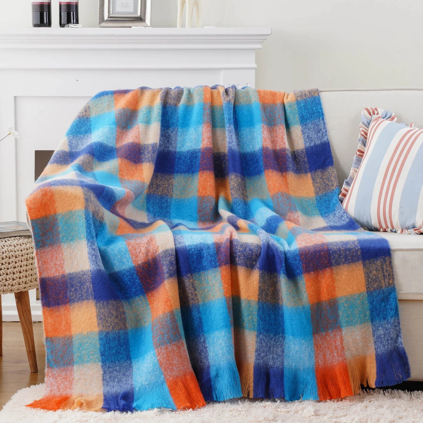 Battilo Plaid Throw Blanket for Home Decor, Colorful Mohair Tartan Plaid Blanket, Soft Cashmere Sofa Blankets,Fall Decor Throws Peaceful Pleasures Health and Wellness Multi Blue 127x152cm