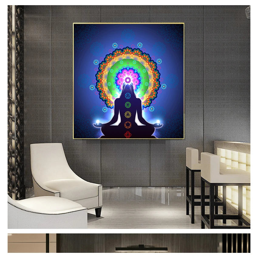Buddha Statue Meditation 7 Chakra Mandala Psychedelic Yoga Boho Wall Art Paintings Décor Canvas Posters Prints Indian Peaceful Pleasures Health and Wellness