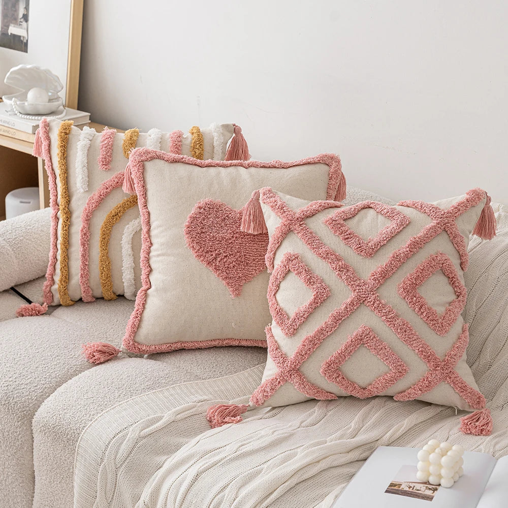Woven Tufted Decorative Pillow Cover with Tassel Pink Boho Linen Cotton Pillowcase for Bed Living Room Sofa Cushion Home Decor Peaceful Pleasures Health and Wellness