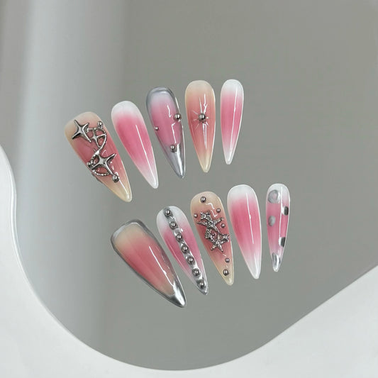 Y2K Pink Blush Press On Nails | 3D Star Long Pointed Tips Set Press On Nails Peaceful Pleasures Health and Wellness