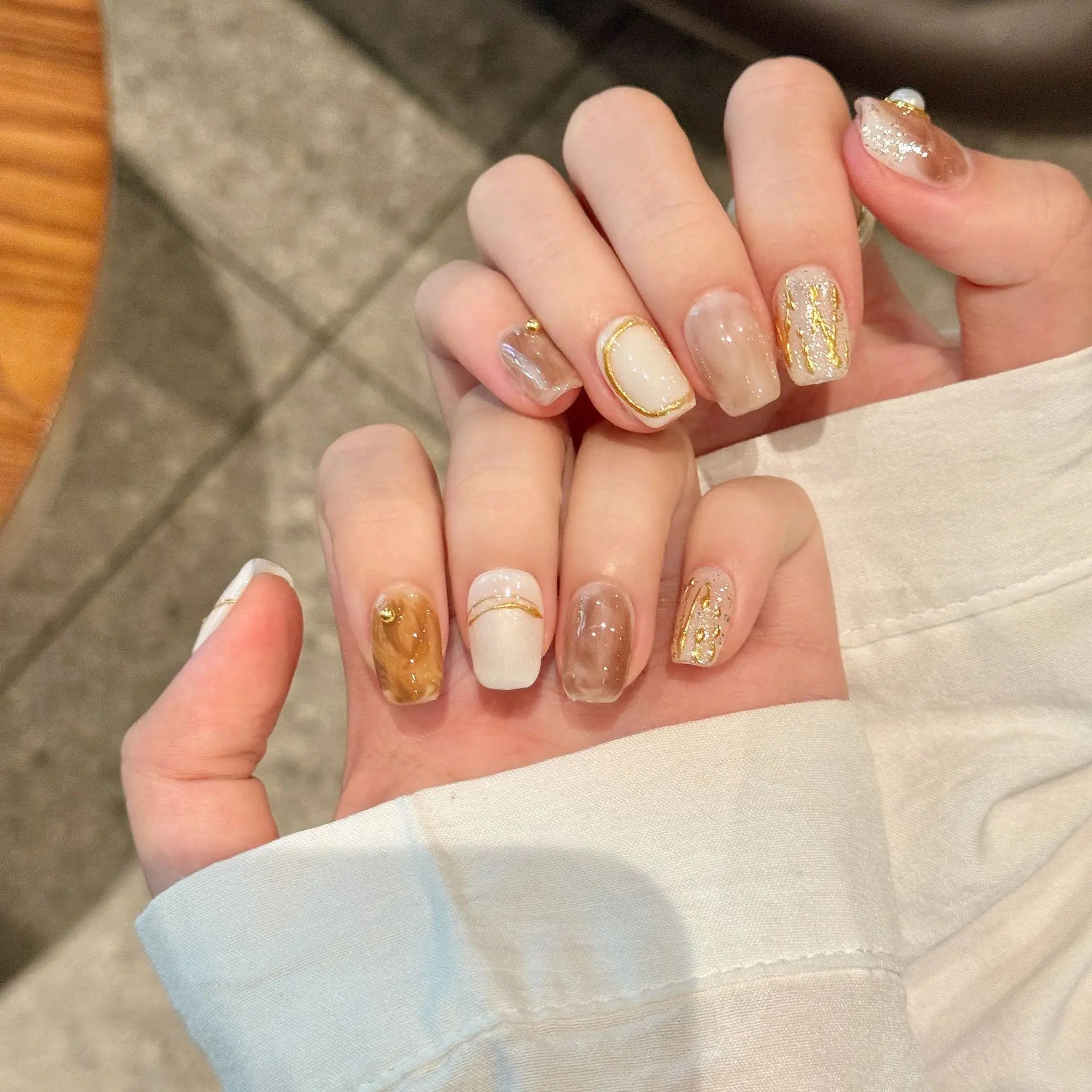 Handmade Press on Nails Glitter White Pearl Decor False Nails Full Cover Wearable Retro Baroque French Short Fake Nail Tips Peaceful Pleasures Health and Wellness
