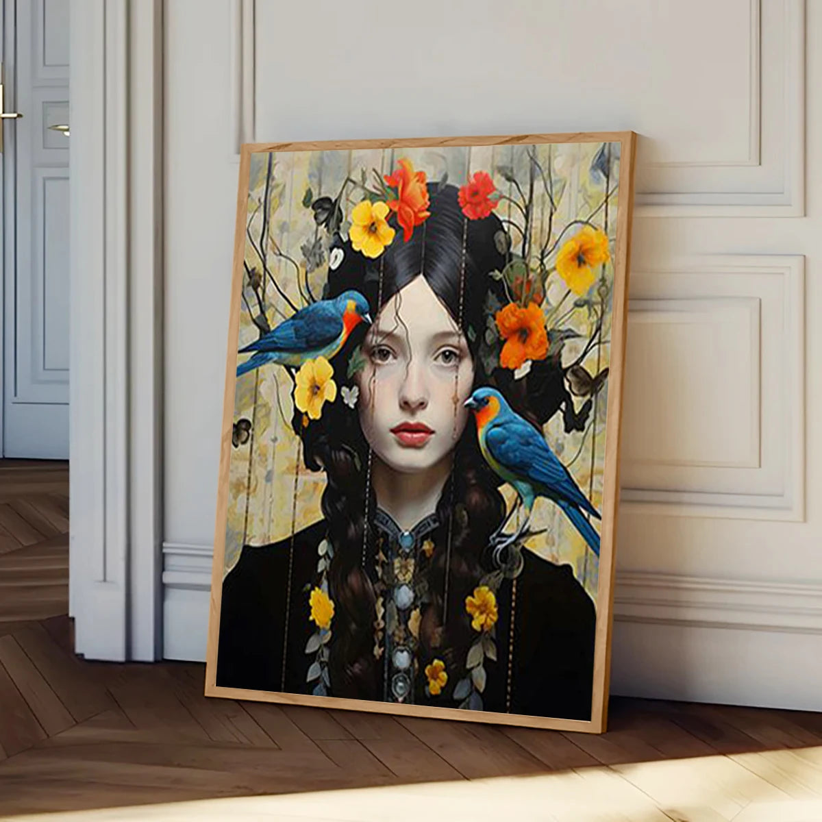 Nordic Scandinavian Style Glasses Woman with Flowers Birds Wall Art Canvas Painting Portrait Poster Prints for Modern Home Decor Peaceful Pleasures Health and Wellness