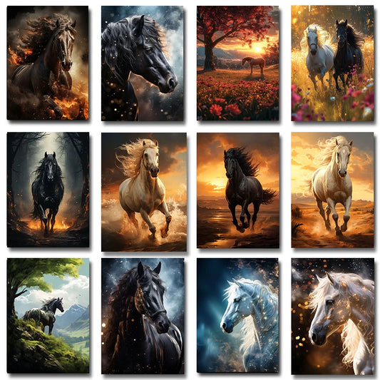 Black horse ， White Horse Canvas Painting,Posters and Prints, Wall ,,Animal Picture for Modern Living Room Home Decoration Peaceful Pleasures Health and Wellness