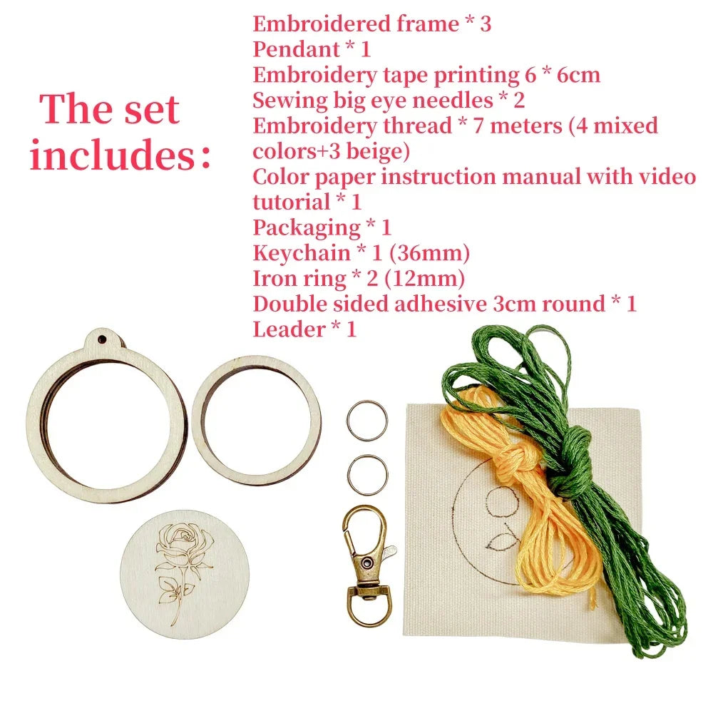 Mini Embroidery Keychain Accessory Set Embroidered Ring Frame Wooden Pendant Hand Embroidered DIY Keychain Handmade Material Kit Peaceful Pleasures Health and Wellness
