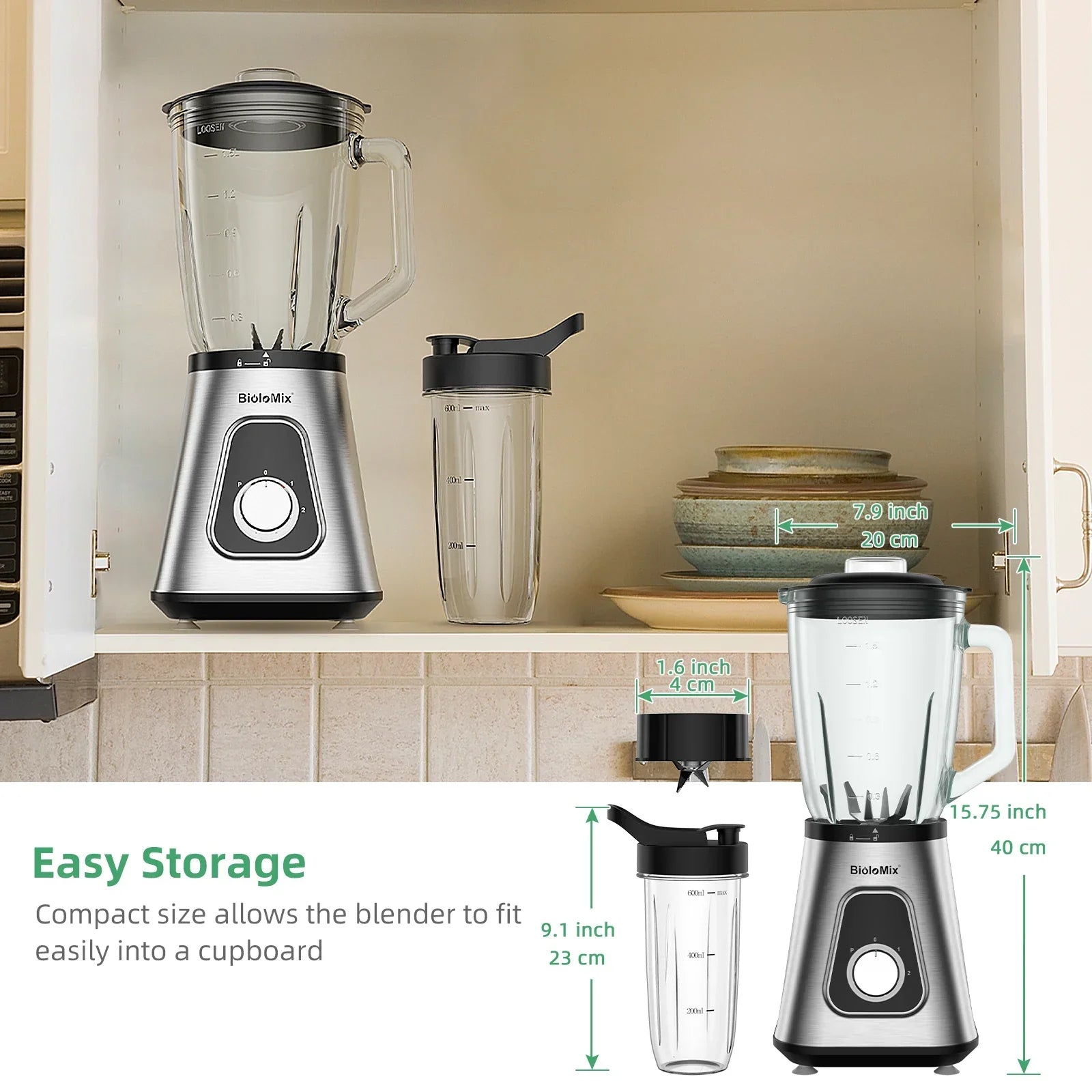 BioloMix 1300W 2-in-1 Blender – 1.5L Glass Jar & Travel Cup Blender BioloMix