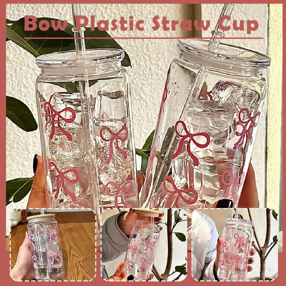 Pink Bow Transparent Plastic Tumbler with Straw | Hot & Cold