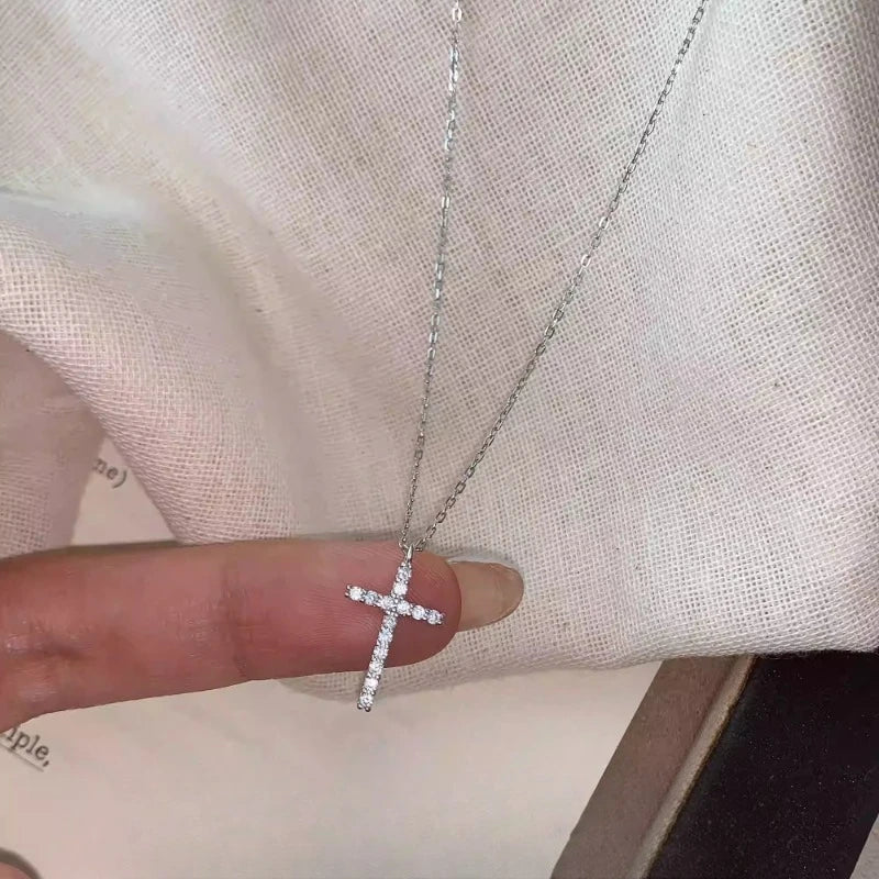 Zircon Cross Pendant Necklace – Minimalist Clavicle Chain Women