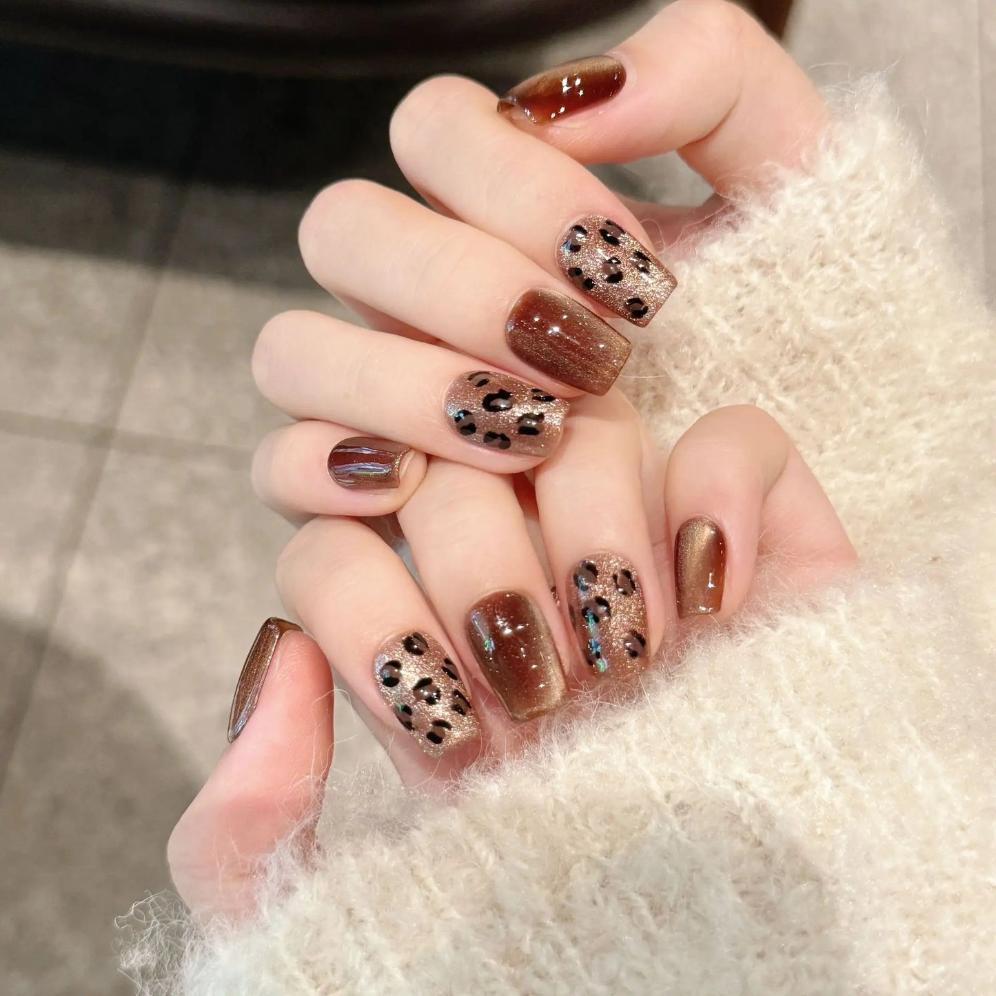 Handmade Press on Nails Gold Brown Leopard Print False Nails with Crystal Cat Eye Champagne Diamond Sweet Cool Fake Nail Tips Peaceful Pleasures Health and Wellness
