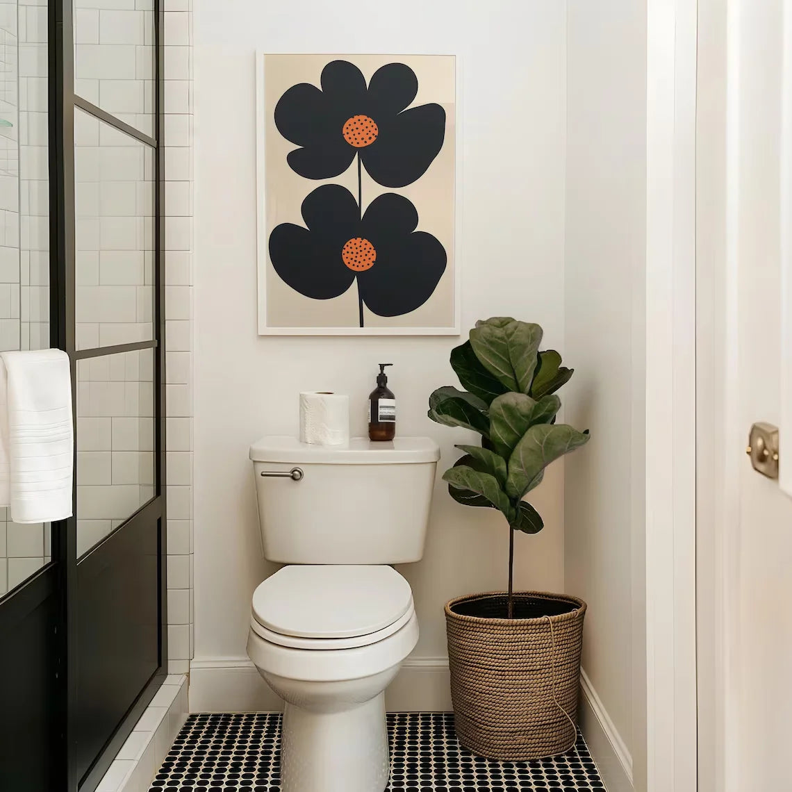 "Mid-Century Modern Minimalist Floral Art Print: Bold Black Double-Flower Design with Playful Orange Polka-Dot Centers, Perfect Peaceful Pleasures Health and Wellness