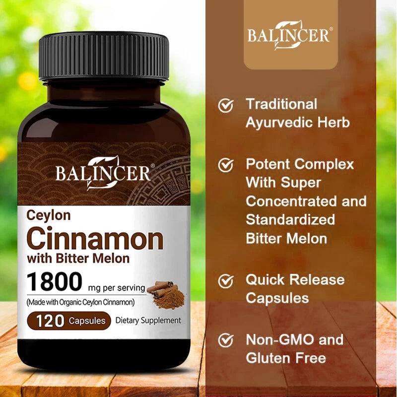 Balincer Ceylon Cinnamon 1800mg Capsules + Bitter Melon - Heart, Blood Sugar Health, Antioxidant & Joint Support, 30/60/120 Caps Peaceful Pleasures Health and Wellness