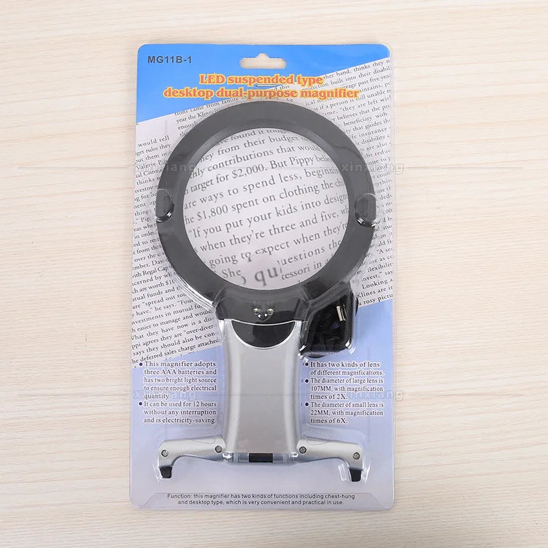 2.5X 6X New Neck Handheld Desktop Large Lens Magnifier with 2 Led Lights Portable Hd Magnifier Elderly Reading Jewellery Peaceful Pleasures Health and Wellness