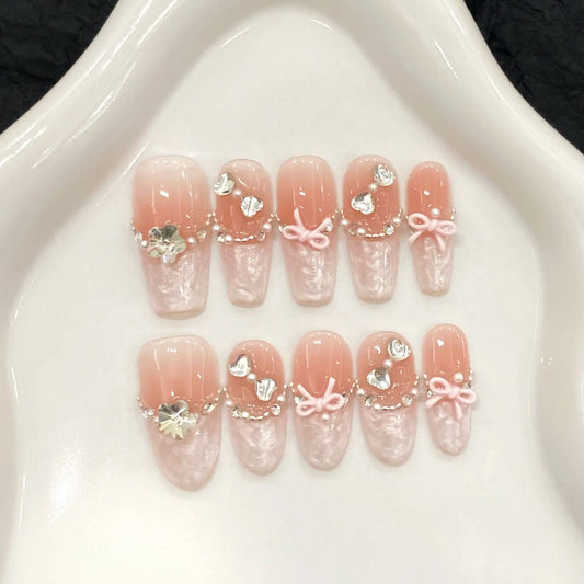 French Press-On Nails Sweet Bow Glitter Rhinestone 10pcs Set Press-On Nails Peaceful Pleasures Health and Wellness