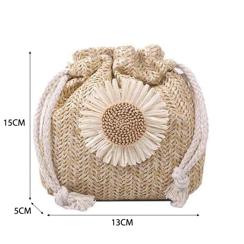 Rattan Straw Woven Crossbody Bucket Bag | Flower Shoulder Bag