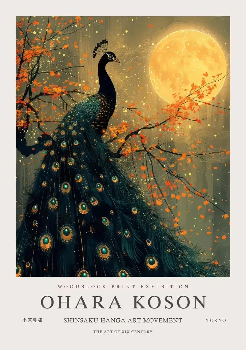 William Morris Whale & Peacock Retro Sunset Canvas Wall Art