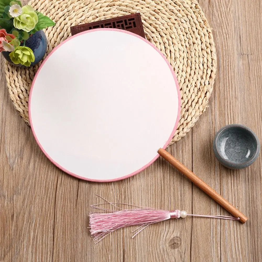 Blank Round Hand Fan – Vintage Wooden Silk DIY Art Fan with Tassel