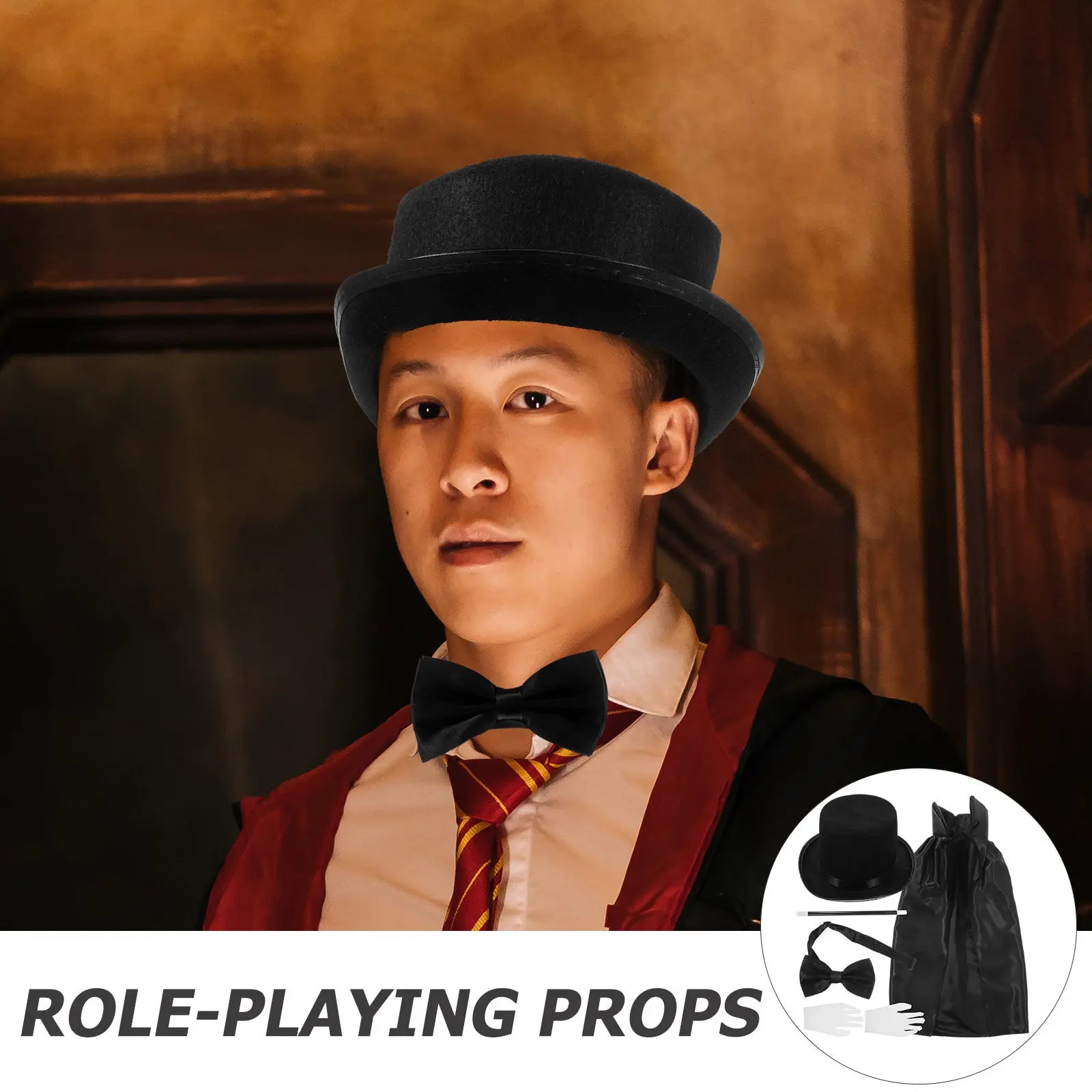 1Set Detective Cosplay Supplies Set Hat Gloves Bowtie Authentic Mustache Magician Role Play Props for Halloween Party Games Peaceful Pleasures Health and Wellness