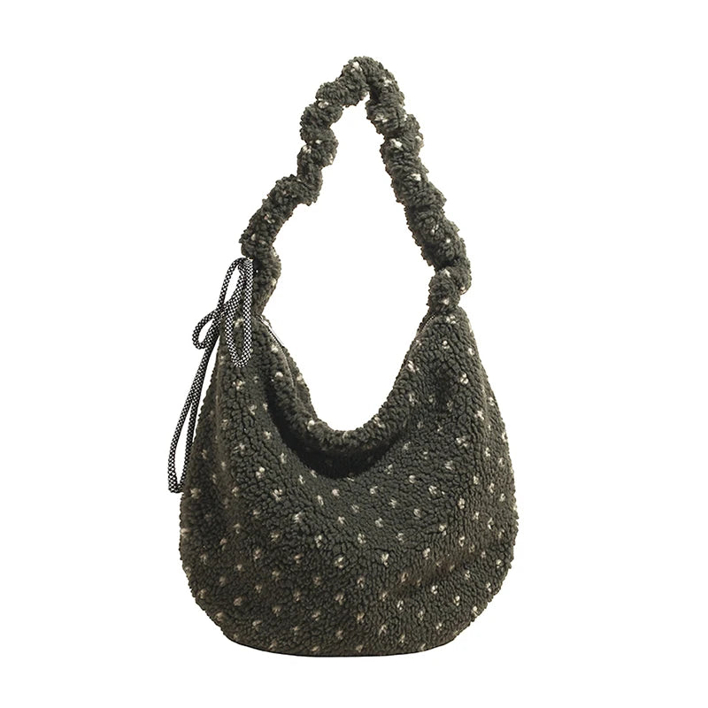 Korean Fashion Faux Fur Crossbody Bags for Women Trendy Large Capacity Sweet Polka Dot Versatile Tote Bag Fashionable Versatile Peaceful Pleasures Health and Wellness green 38x32x3