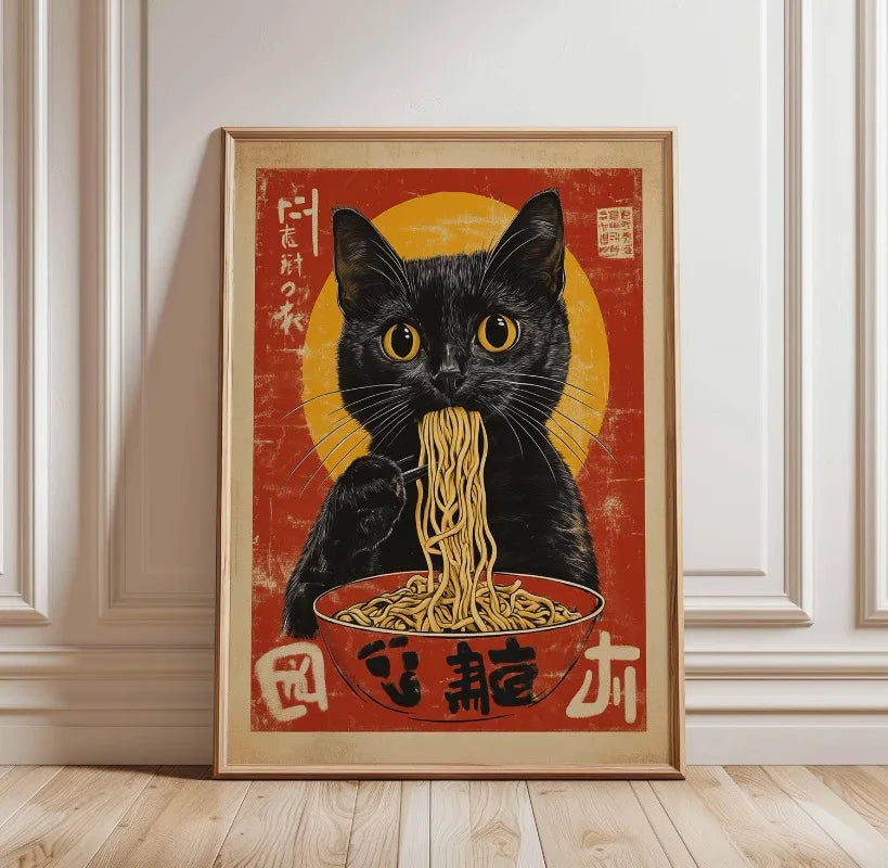 Black Cat Ramen Japanese Food Noodle Ginger Cat Poster Print Wall Art Pictures Canvas Painting Living Room Home Wall Decoration Peaceful Pleasures Health and Wellness TL2888 20x30cm Unframed