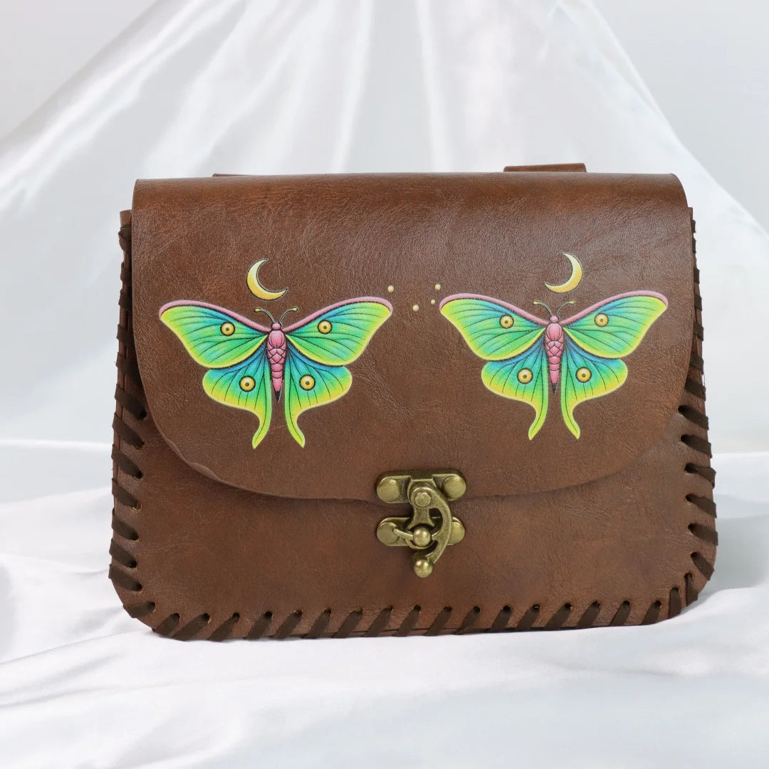 Vintage Moon Butterfly Print Distressed Faux Leather Belt Pouch