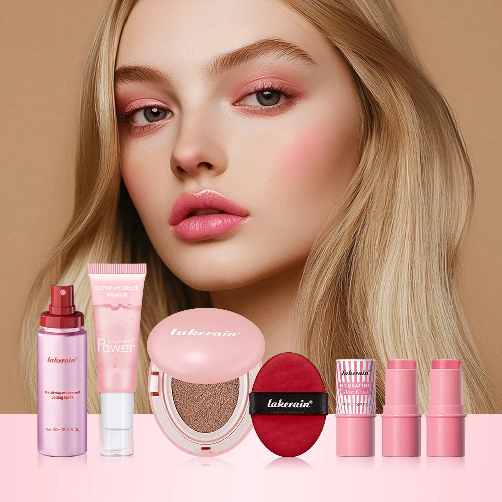 Pink Makeup Set Primer Setting Spray Include Air Cushion Foundation Base MakeupLipstick 5pcs/set Blush Hold Cosmetics Kit Peaceful Pleasures Health and Wellness 21N Ivory