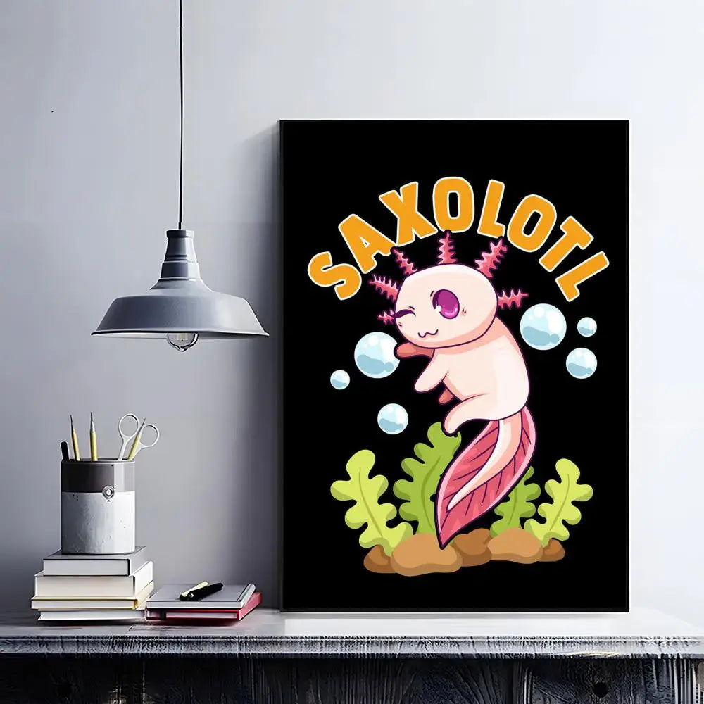 Cute Axolotl Art Poster HD Self Adhesive Waterproof Wall Art Ideal for Home Office Dorm Bedroom Great Gift Peaceful Pleasures Health and Wellness Black14 15X20cmNoframe
