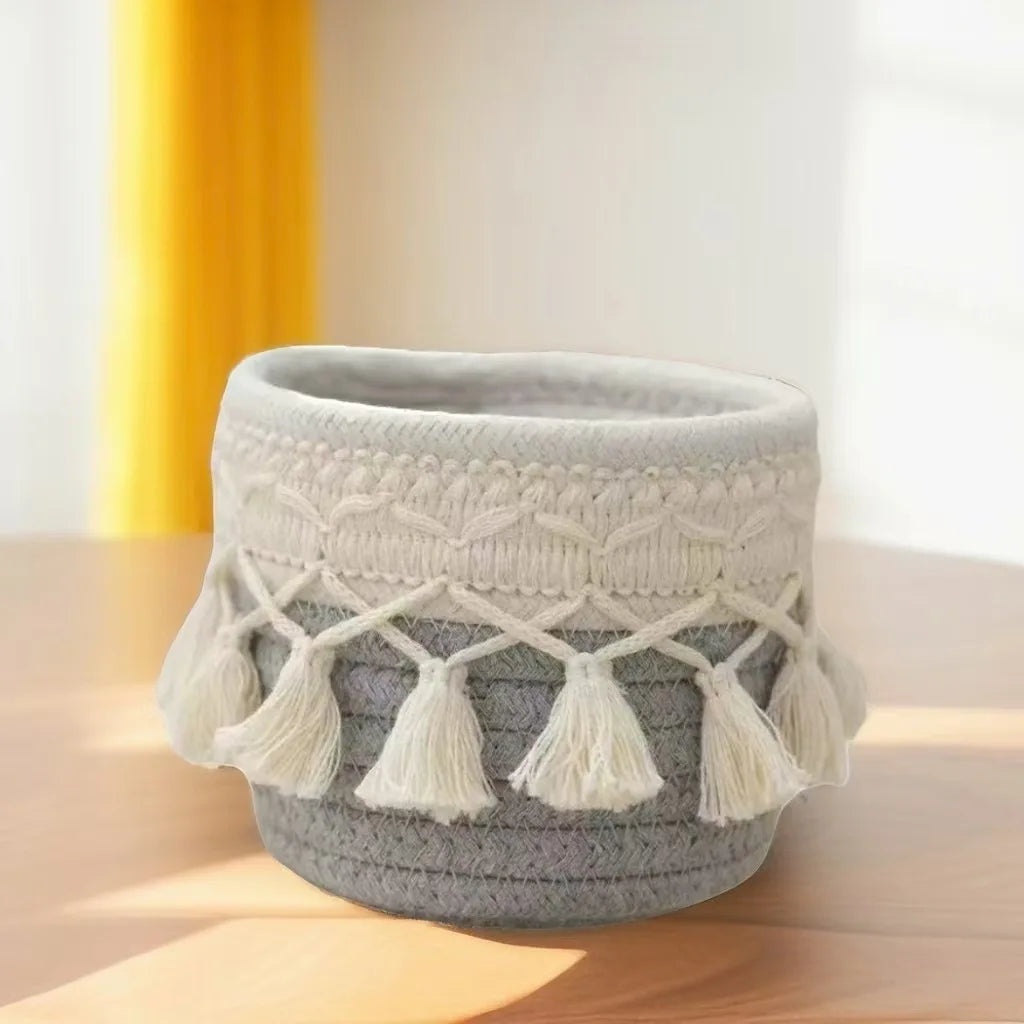 New Tassel Style Makeup Brush Holder Desktop Cotton Rope Compiled Storage Box For Cosmetic Storage Basket Cosmetic Organizer Box Peaceful Pleasures Health and Wellness Gray 12 10cm