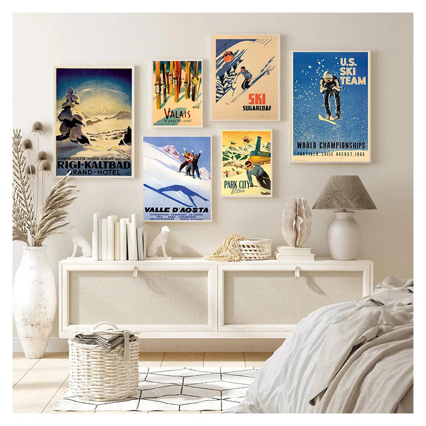 Retro Skiing Alps Switzerland Canvas Wall Art | Vintage Ski Poster