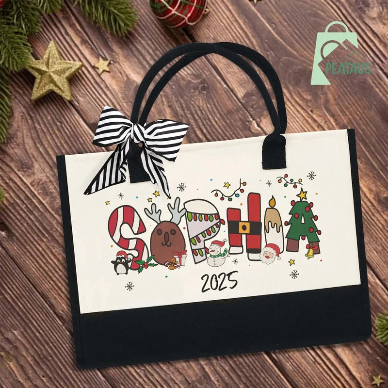 Personalized Christmas Burlap Tote Bag | Custom Name Xmas Gift Personalized Tote Bag Peaceful Pleasures Health and Wellness