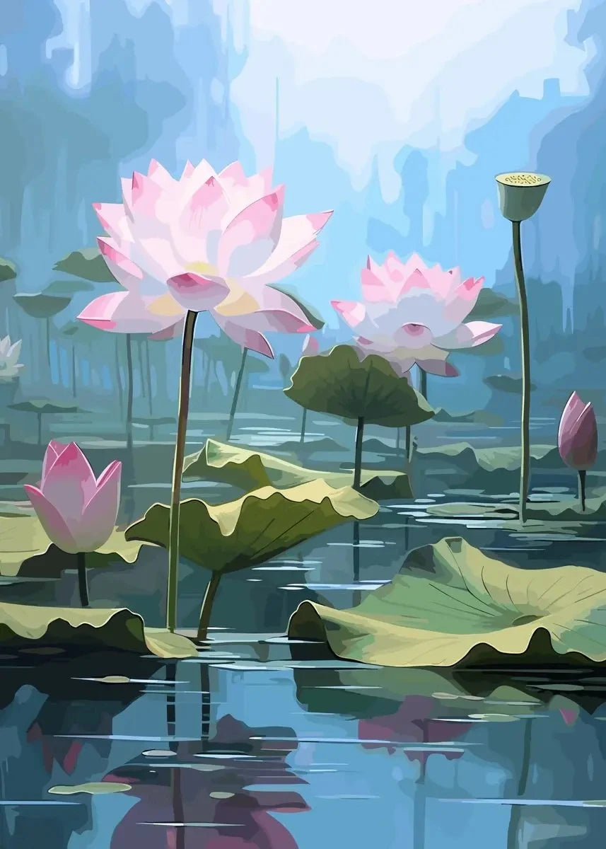 Chinese Lotus Flower Canvas Wall Art Print | Unframed Poster