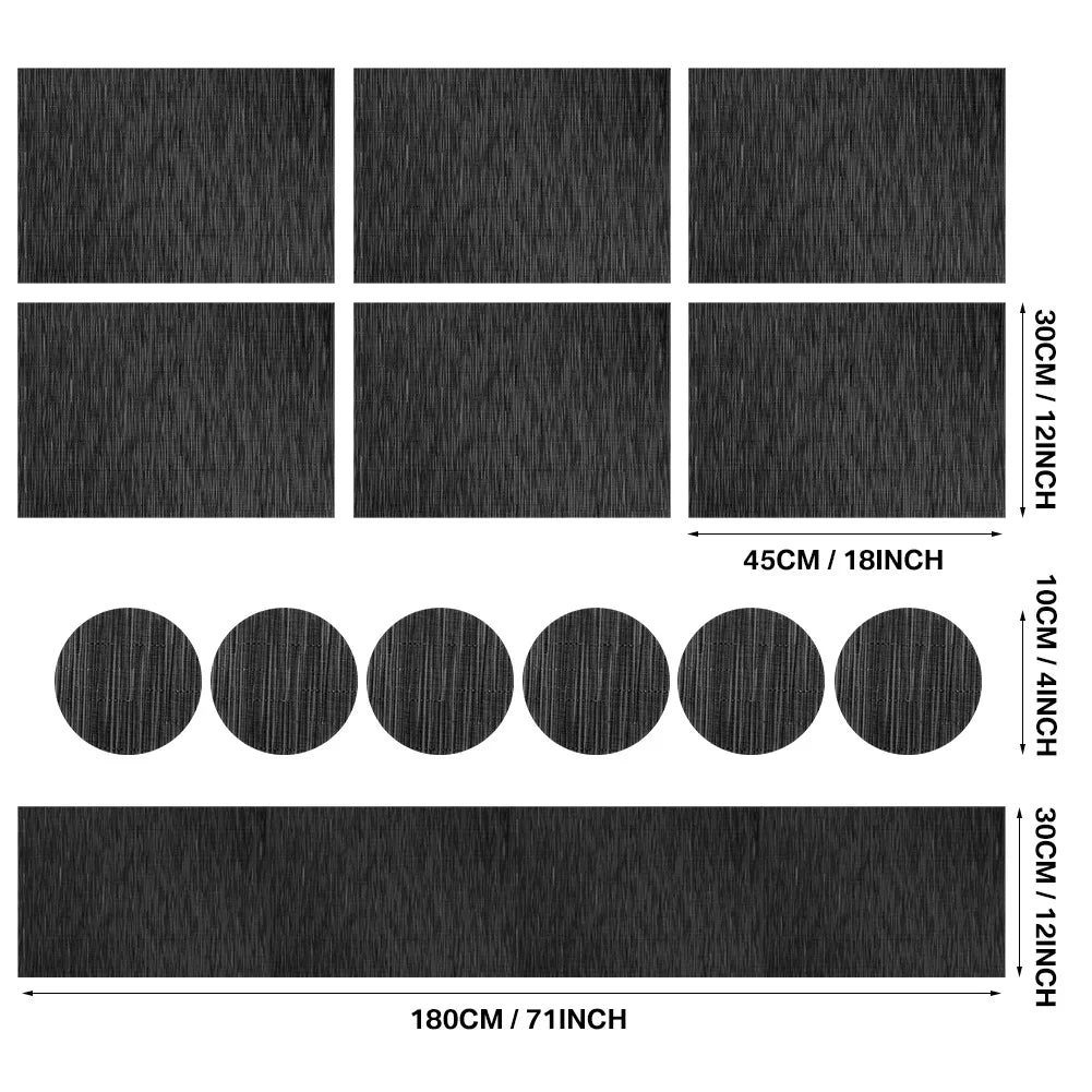 Set of 6 Placemats With Coasters Black Table Mats Crossweave Woven Vinyl Non-Slip Washable for Table Dining Kitchen Restaurant Peaceful Pleasures Health and Wellness 13pc Black 30x45cm